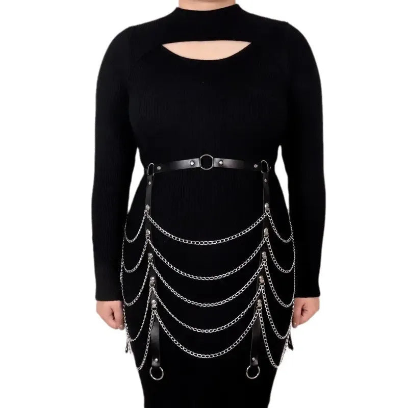 Black PU leather waist chain with adjustable buckle and metal chain detailing