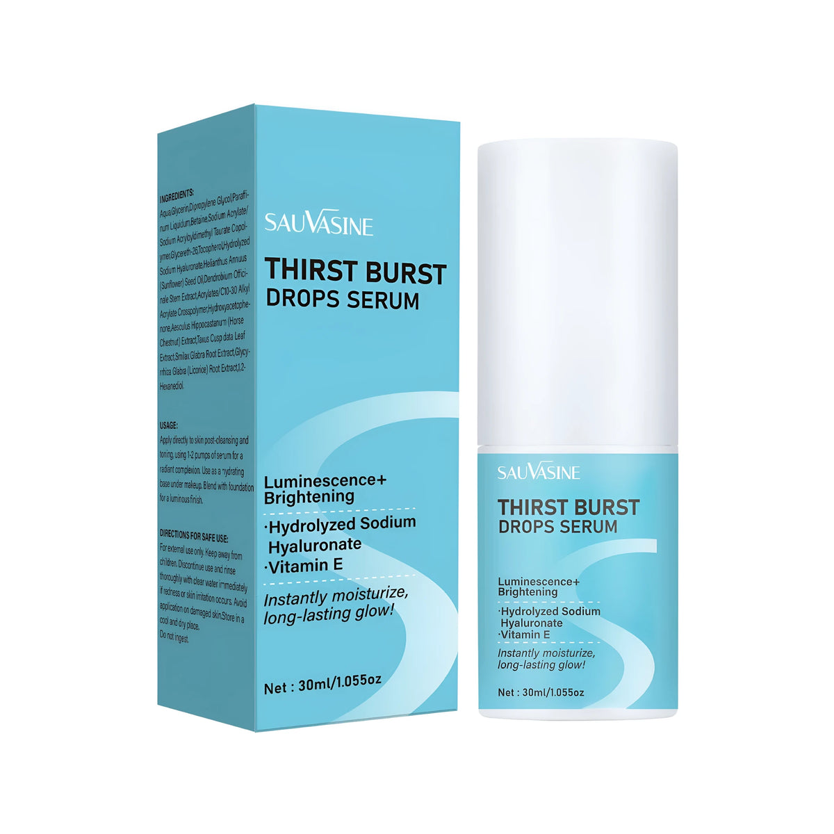 Thirst Relieving Drops moisturising care solution bottle, 30ml, dimensions 34x34x98.5mm.