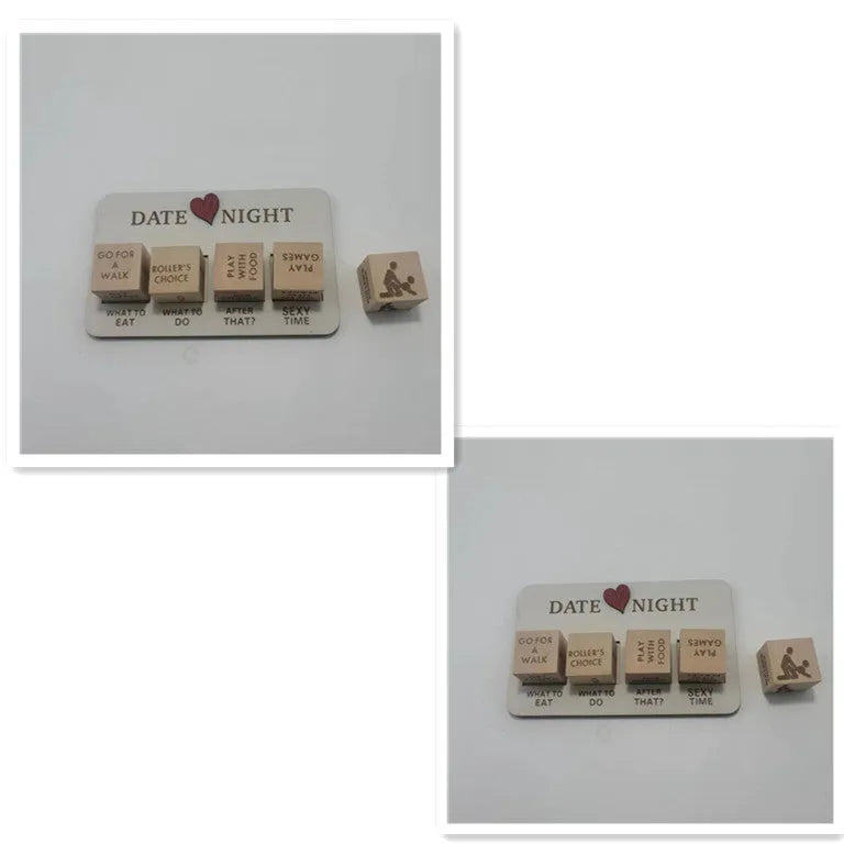 Wooden date night dice set with five 16x10cm dice, planner board, and black storage bag for couple activities