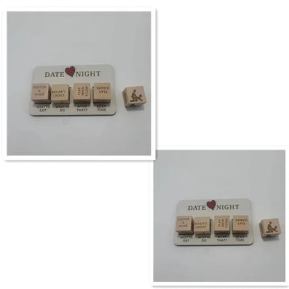 Wooden date night dice set with five 16x10cm dice, planner board, and black storage bag for couple activities