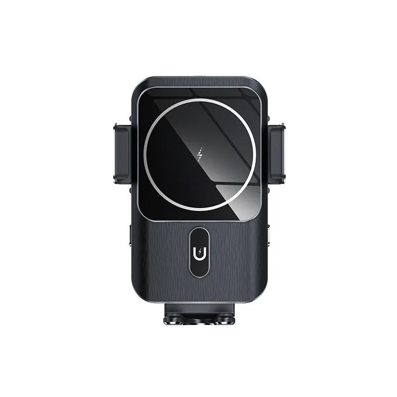 Black 15W wireless car charger phone holder showing clip and suction cup bracket options.