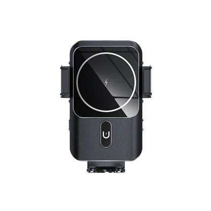 Black 15W wireless car charger phone holder showing clip and suction cup bracket options.