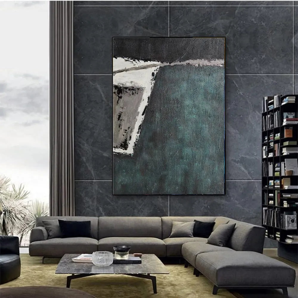 Large handmade abstract oil painting with retro green texture on vertical one-panel canvas, no frame, for living room or bedroom wall art