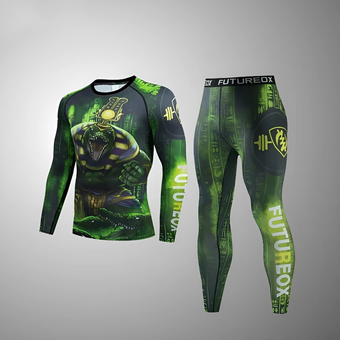 Man wearing a slim-fit, long-sleeved printed ZF016 sports suit for running and fitness.
