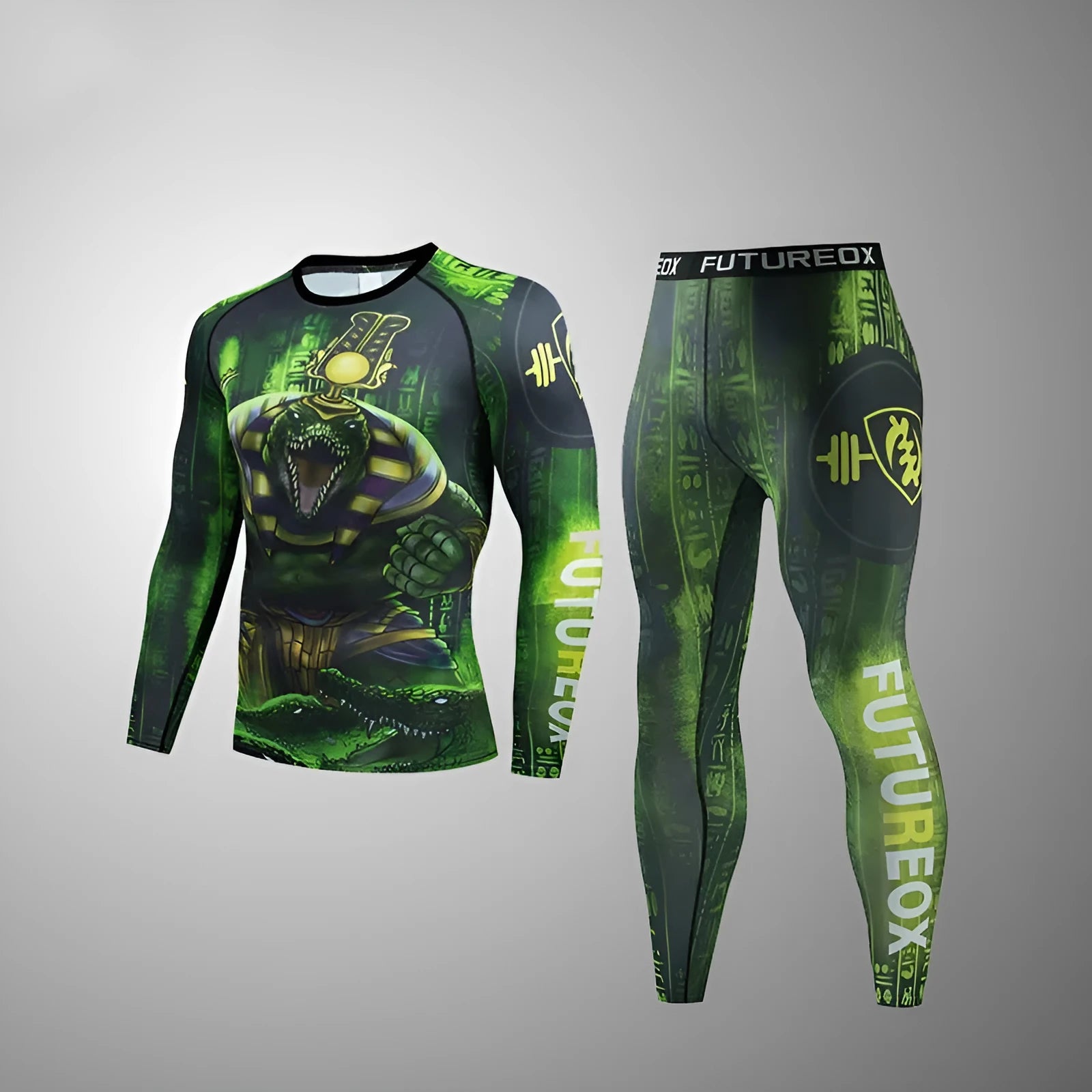 Man wearing a slim-fit, long-sleeved printed ZF016 sports suit for running and fitness.