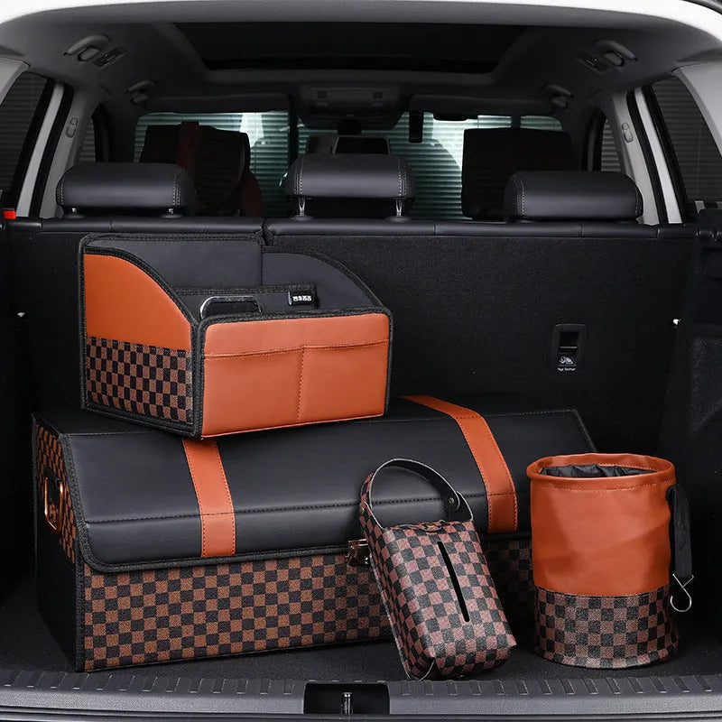 Retractable leather car trash can with handle shown in folded and expanded positions