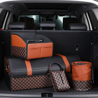 Retractable leather car trash can with handle shown in folded and expanded positions