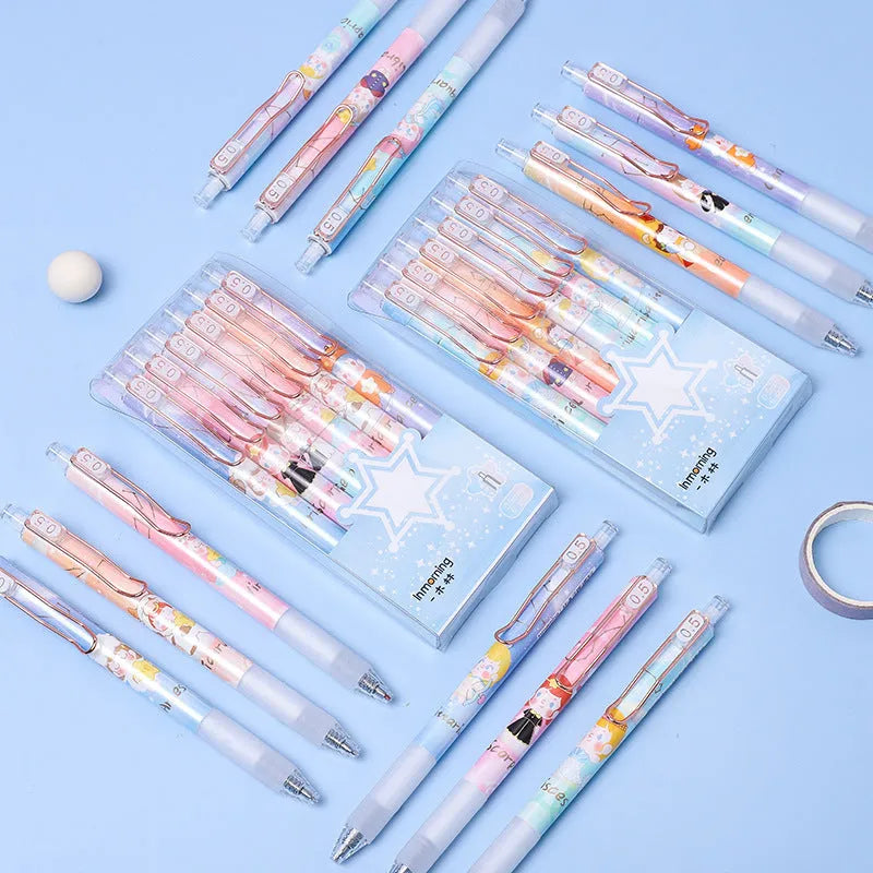 Six Lisa's Secret Constellation press gel pens showing 0.5mm tips and star pattern designs on plastic barrels