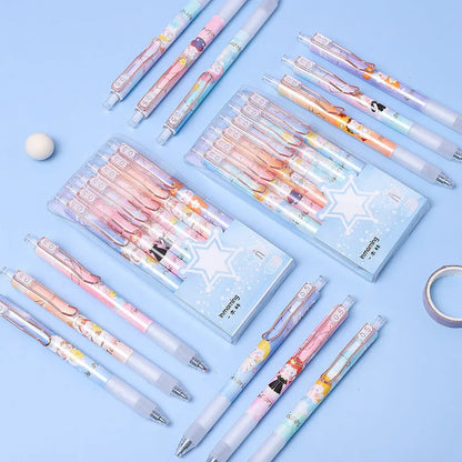 Six Lisa's Secret Constellation press gel pens showing 0.5mm tips and star pattern designs on plastic barrels