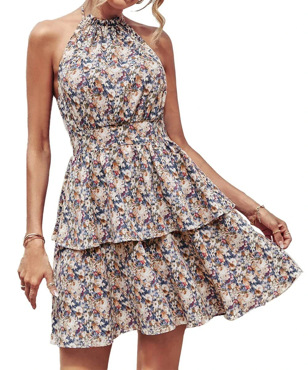 Chic backless halter dress with ruffled A-line skirt in various vibrant colors