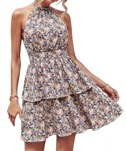 Chic backless halter dress with ruffled A-line skirt in various vibrant colors