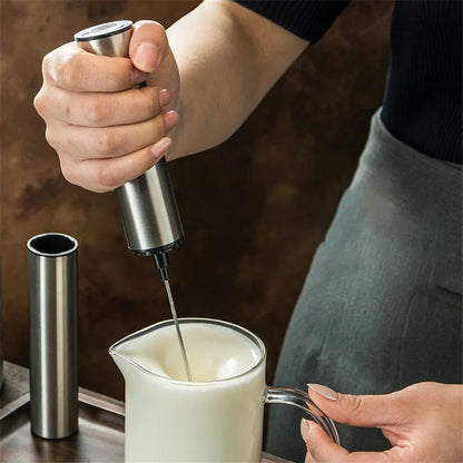 Silver handheld electric milk frother with detachable stainless steel whisk head
