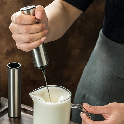 Silver handheld milk frother with 19000RPM speed for coffee and cocktails