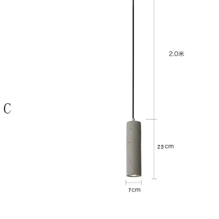 Modern cement rod chandelier with marble body and adjustable suspension hanging from a ceiling