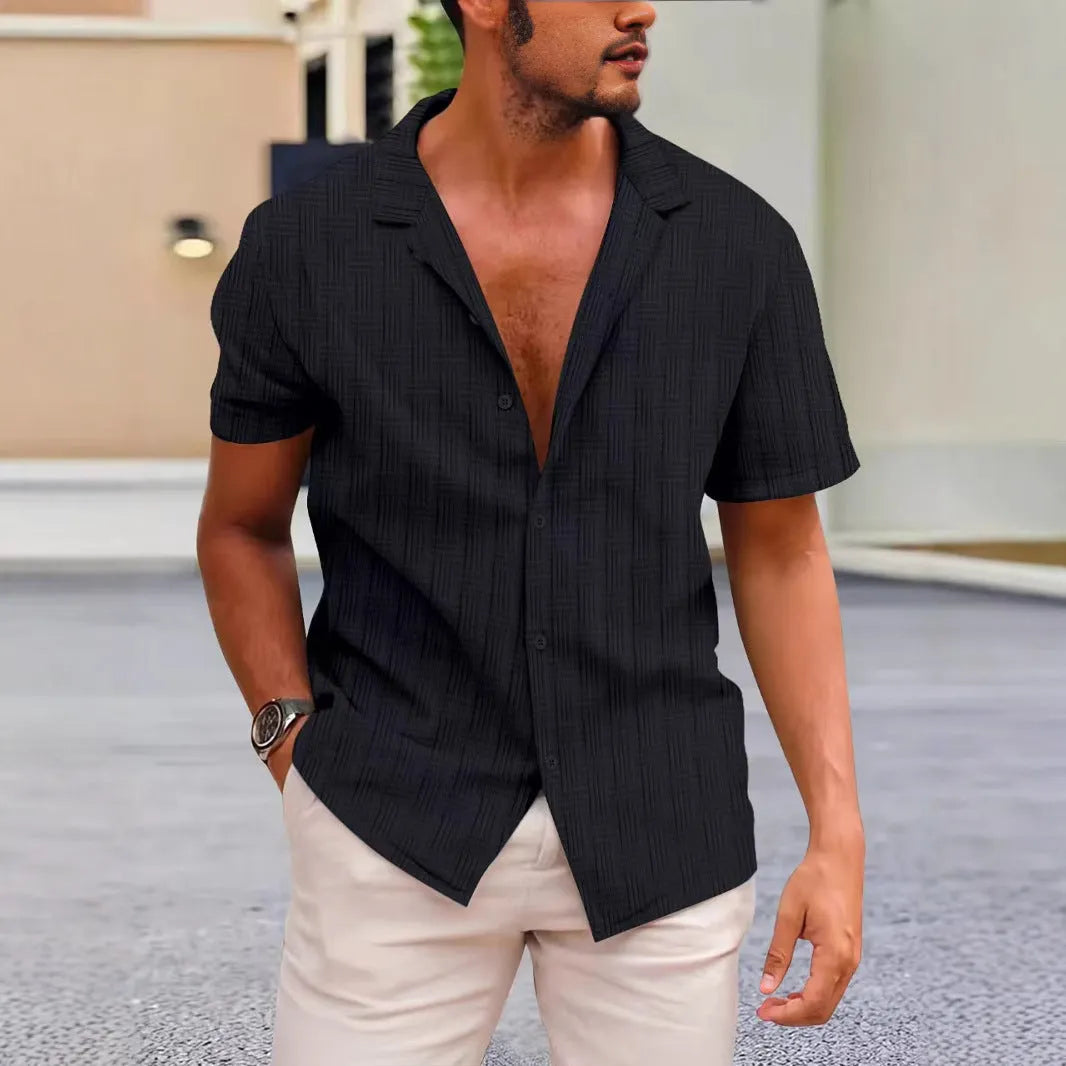 Short sleeve corduroy shirt in apricot colour showing British style casual design.