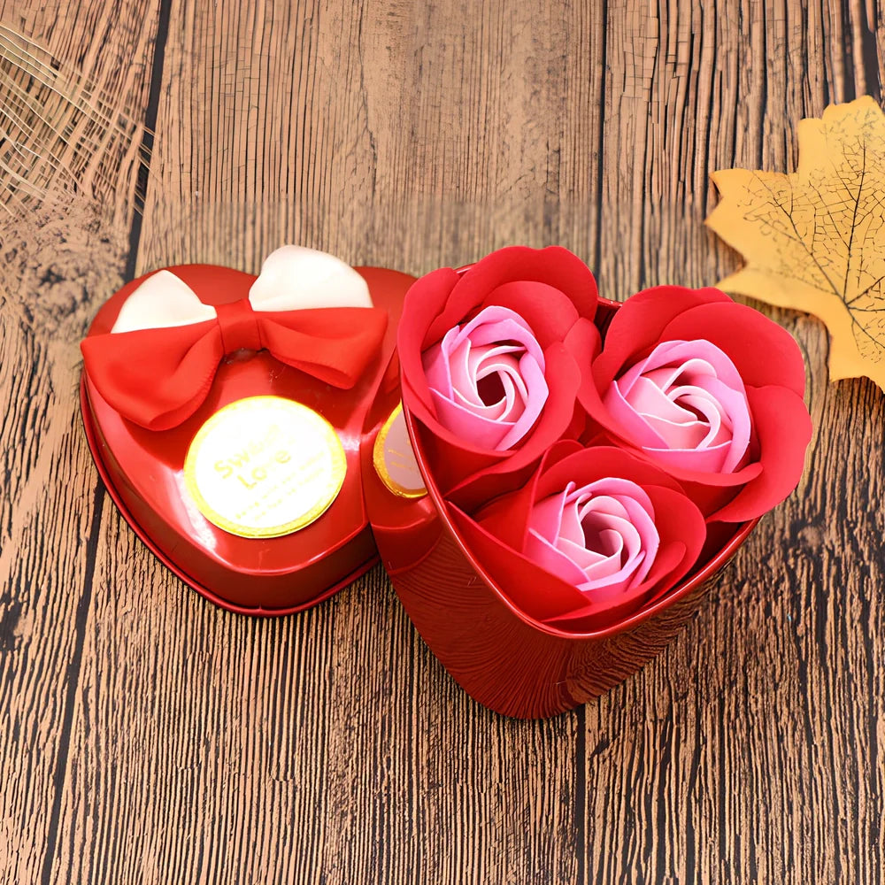 Handmade soap flowers in red heart-shaped tin box measuring 12x12x5cm
