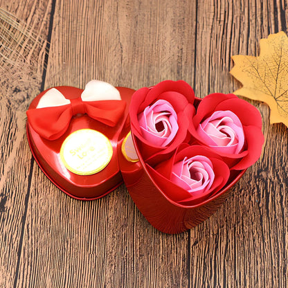 Handmade soap flowers in red heart-shaped tin box measuring 12x12x5cm