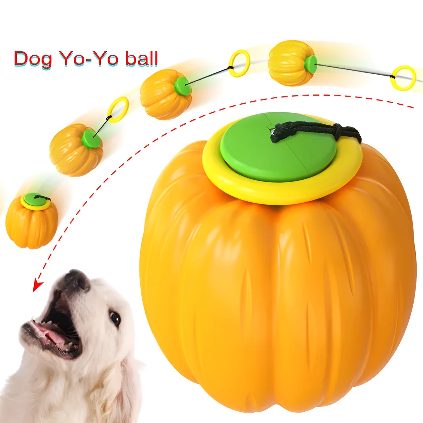 Green, orange, and yellow pumpkin-shaped plastic dog ball with squeaker for small dogs.