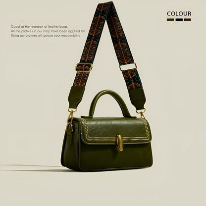 Brown retro-style PU leather women's messenger bag showing front view and organisational compartments.