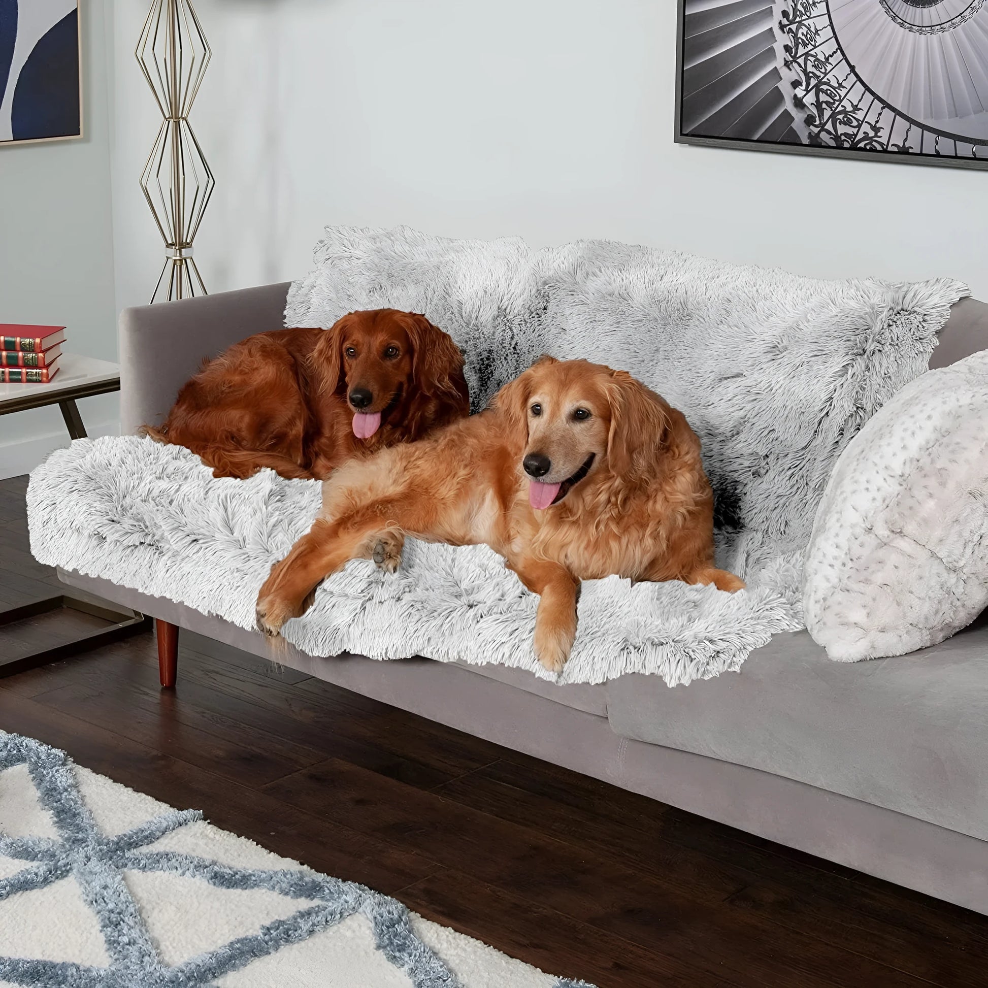 Plush waterproof dog cushion in dark grey, shown in a large size for pet comfort.