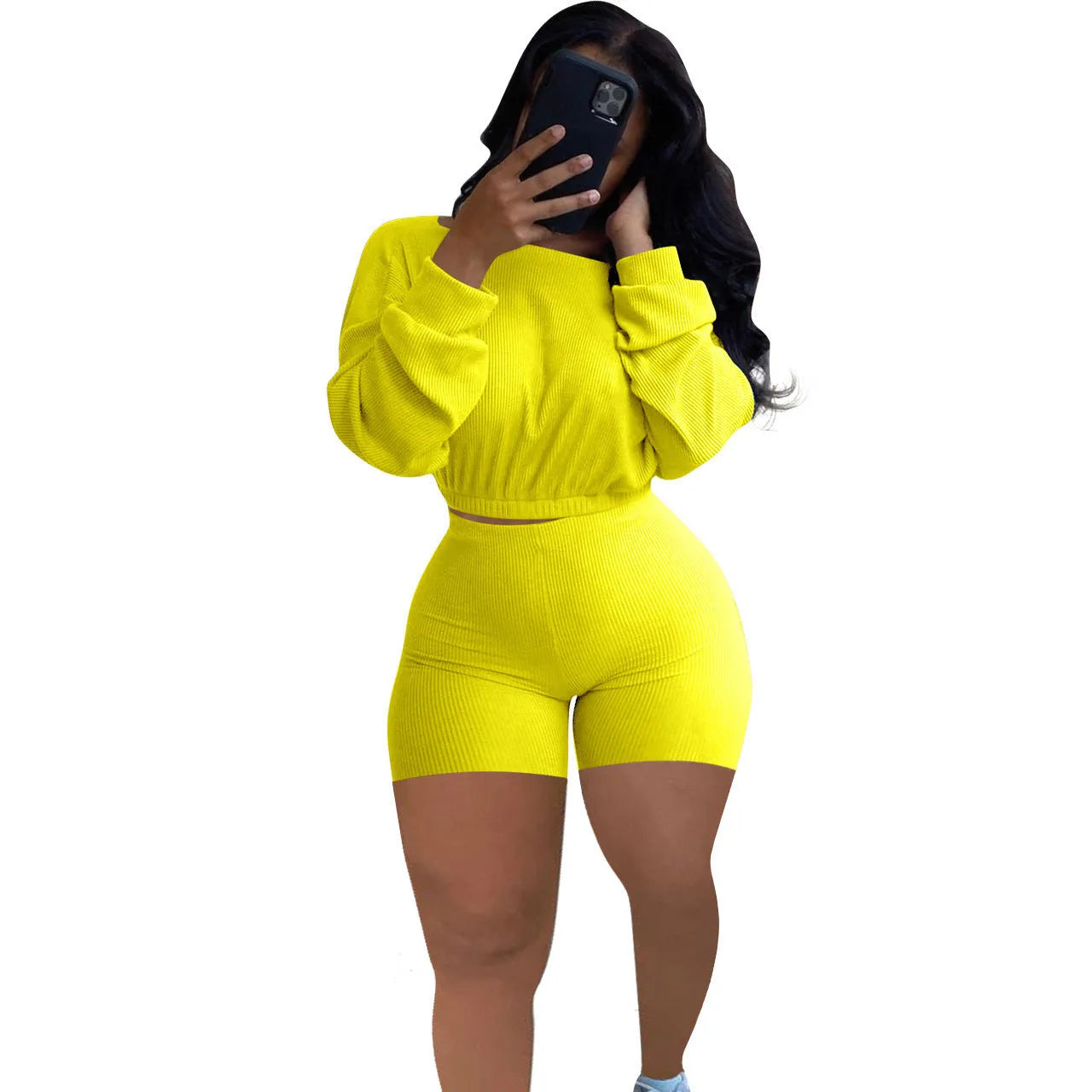 Women's sunken stripe off-the-shoulder two-piece set with long sleeves and matching shorts
