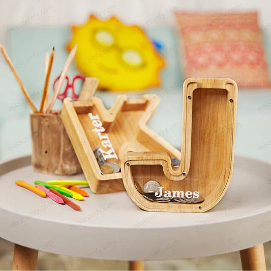 Custom Wooden Letter Money Box - Unique Personalized Savings Piggy Bank with Transparent Glass Panel