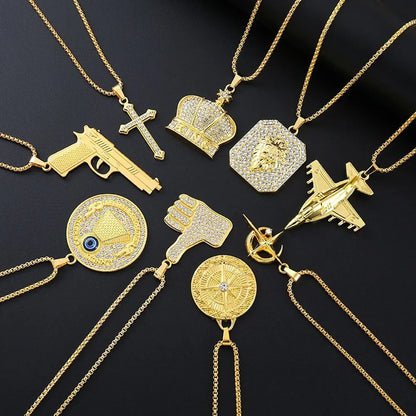 Gold geometric alloy pendant necklace with diamond-cut facets and inlaid sparkling zircon stones on a chain.