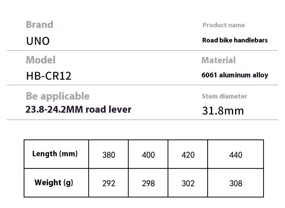 Black aluminium alloy road bike drop handlebar with printed UNO logo showing bend profile