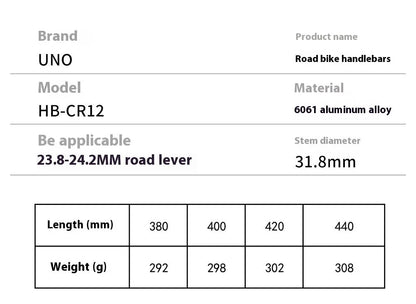 Black aluminium alloy road bike drop handlebar with printed UNO logo showing bend profile