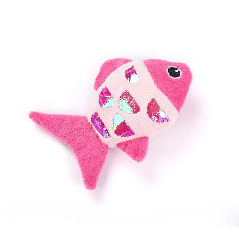 Two small plush goldfish cat toys with crinkle paper sound layer and catnip filling