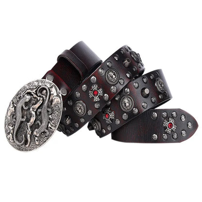 Men's punk style leather belt with metal rivet detailing on genuine leather strap with alloy buckle