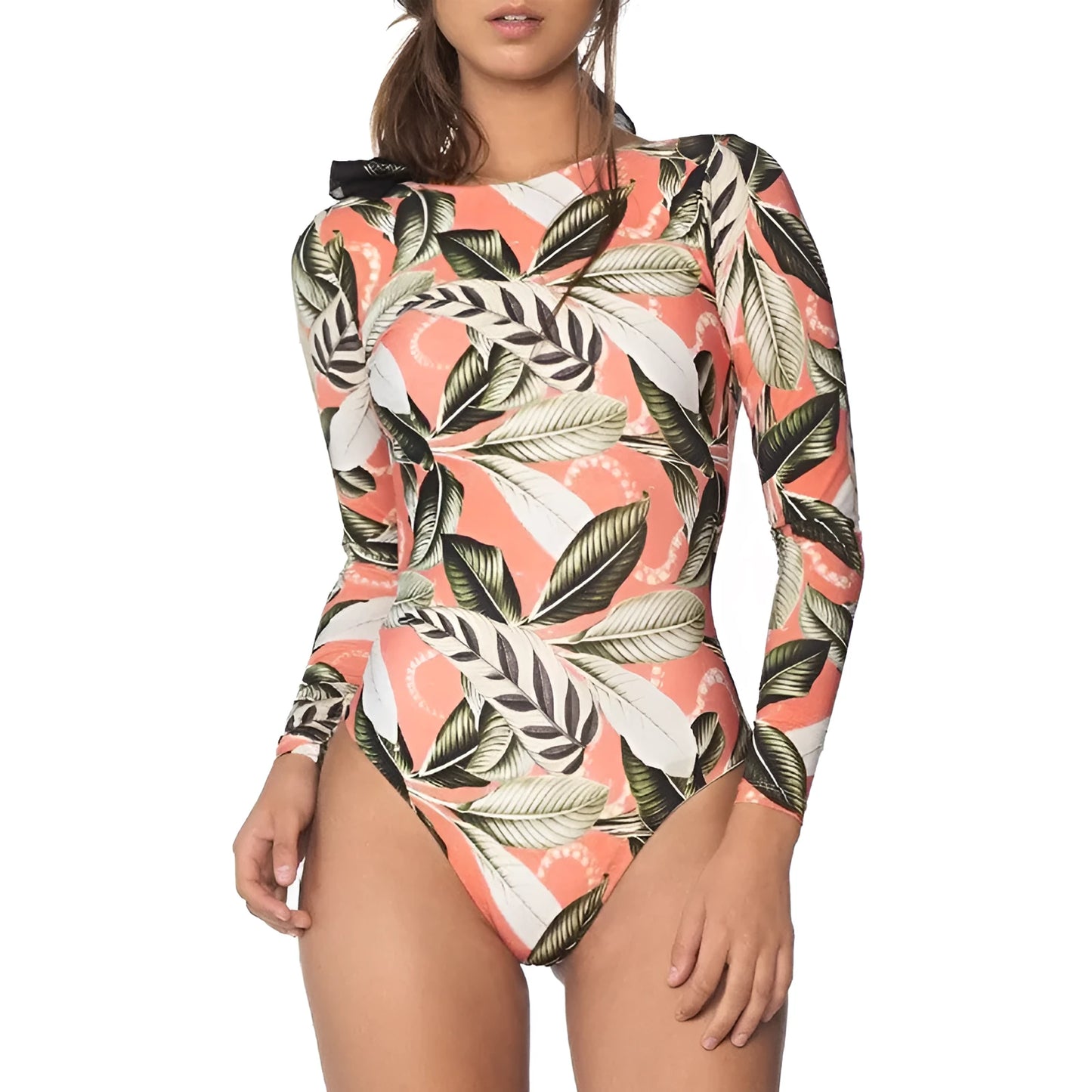 Women's backless one-piece swimsuit with leaf print pattern in polyester fabric