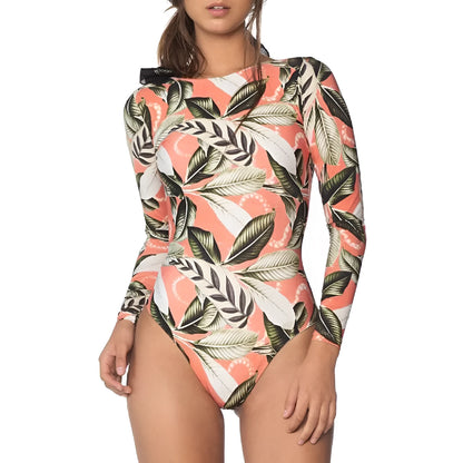 Women's backless one-piece swimsuit with leaf print pattern in polyester fabric