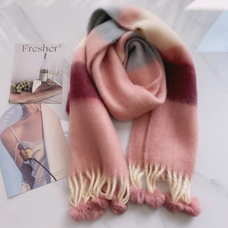 Vibrant Rainbow Mohair Tassel Scarf in various colors, perfect for winter fashion