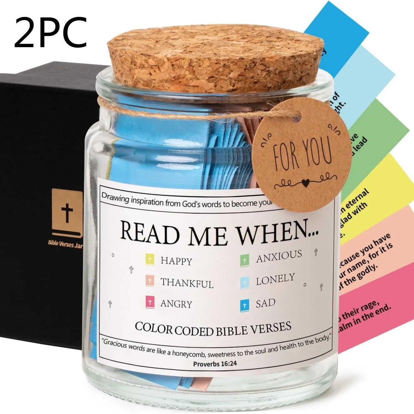 Glass Bible verses jar with cartoon design containing 90 rolled scripture papers in multiple colour options