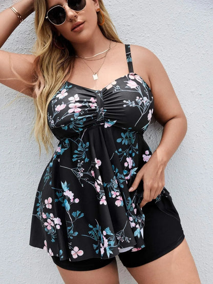 Women's floral print one-piece swimsuit in split colours with high elasticity fabric