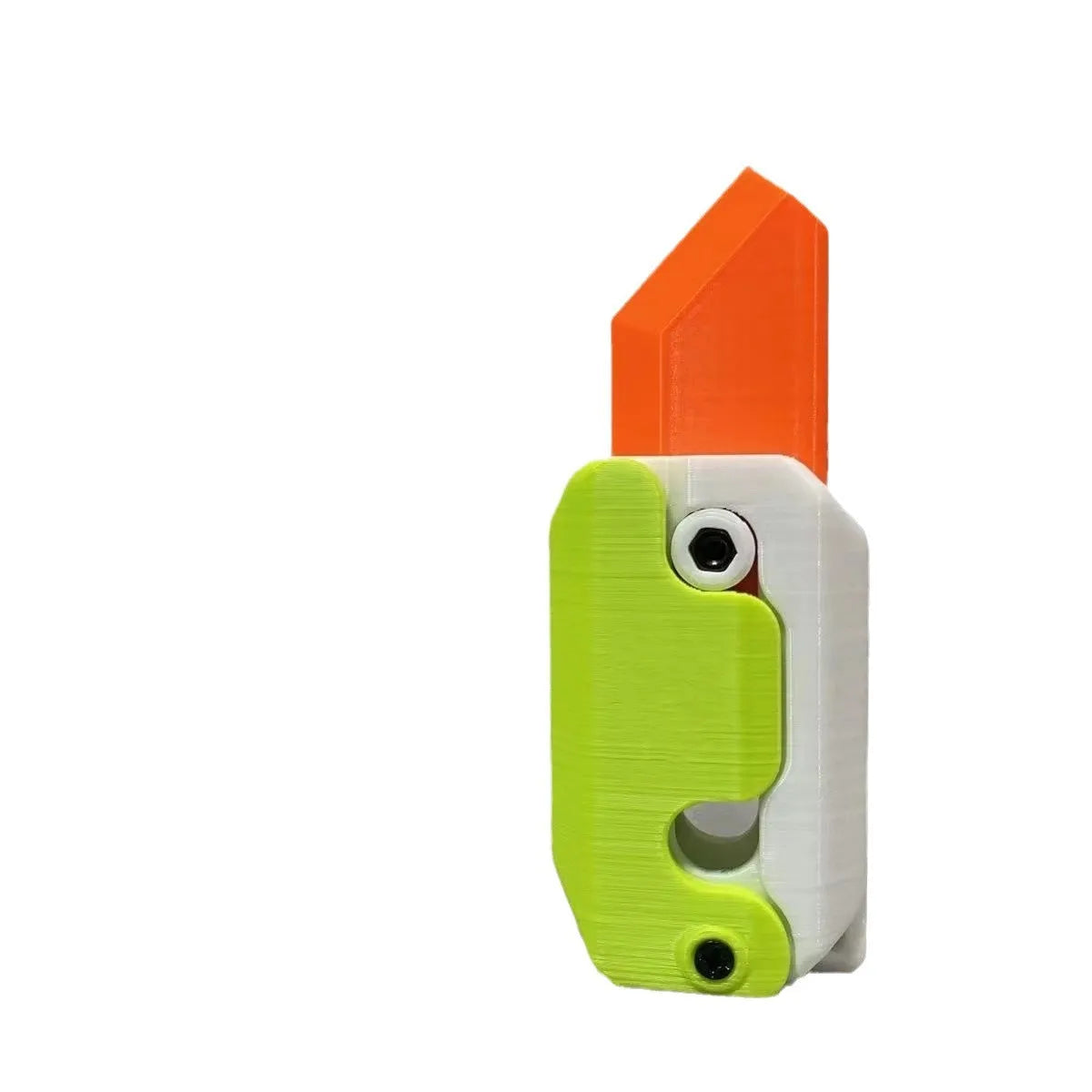3D printed plastic carrot fidget knife with retractable blade, shown in orange and green colour scheme.
