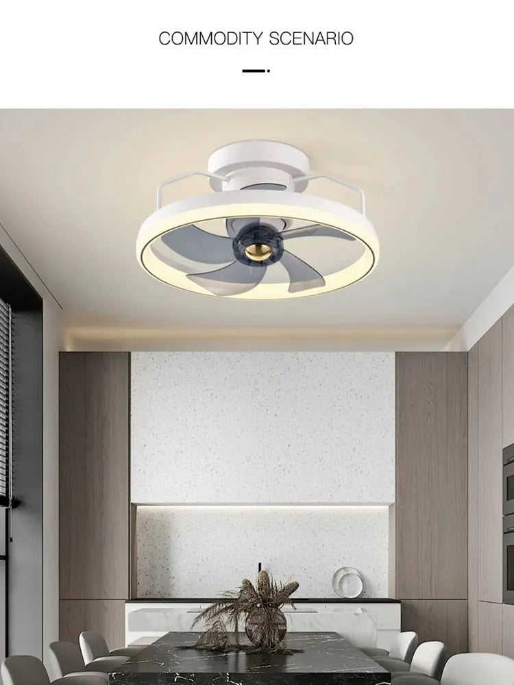 Modern white ceiling fan lamp with integrated light and PC plastic blades.