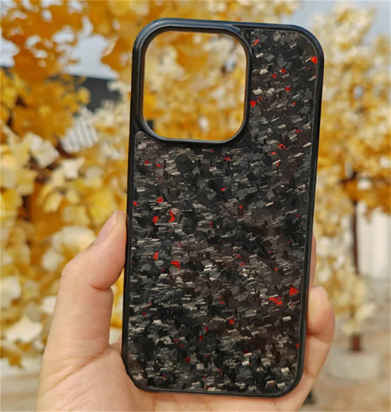 Magnetic plastic phone case for iPhone 12-15 in seven colours including Classic Carbon and Forged Blue.