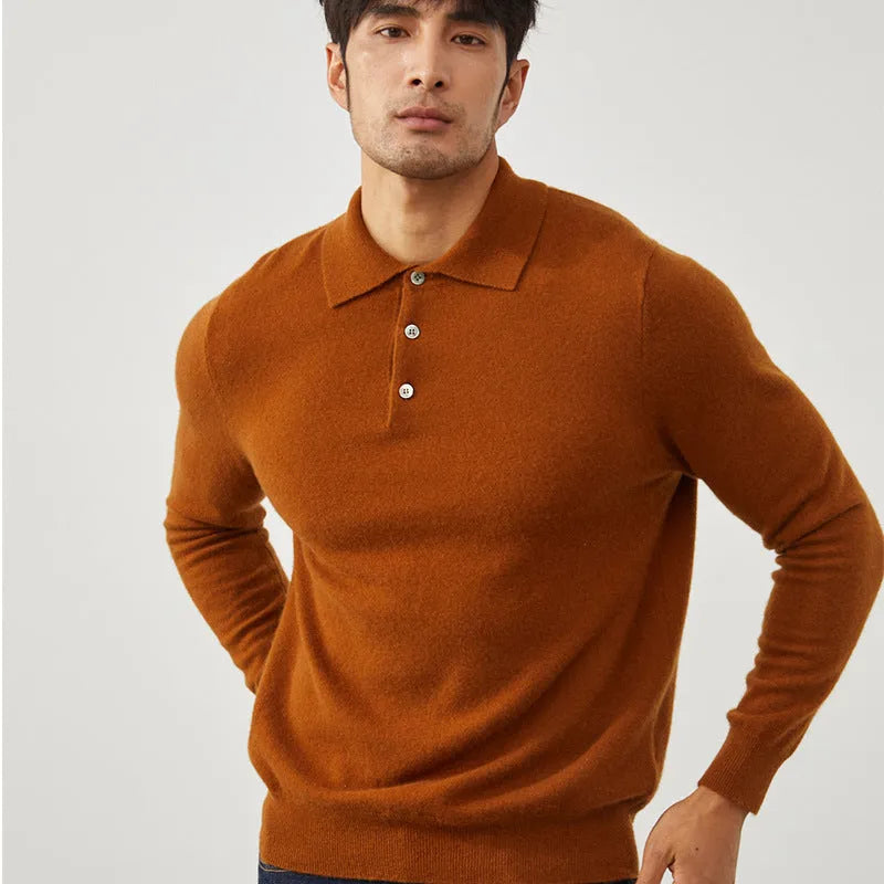 Men's cashmere pullover sweater with polo collar in loose fit on a hanger