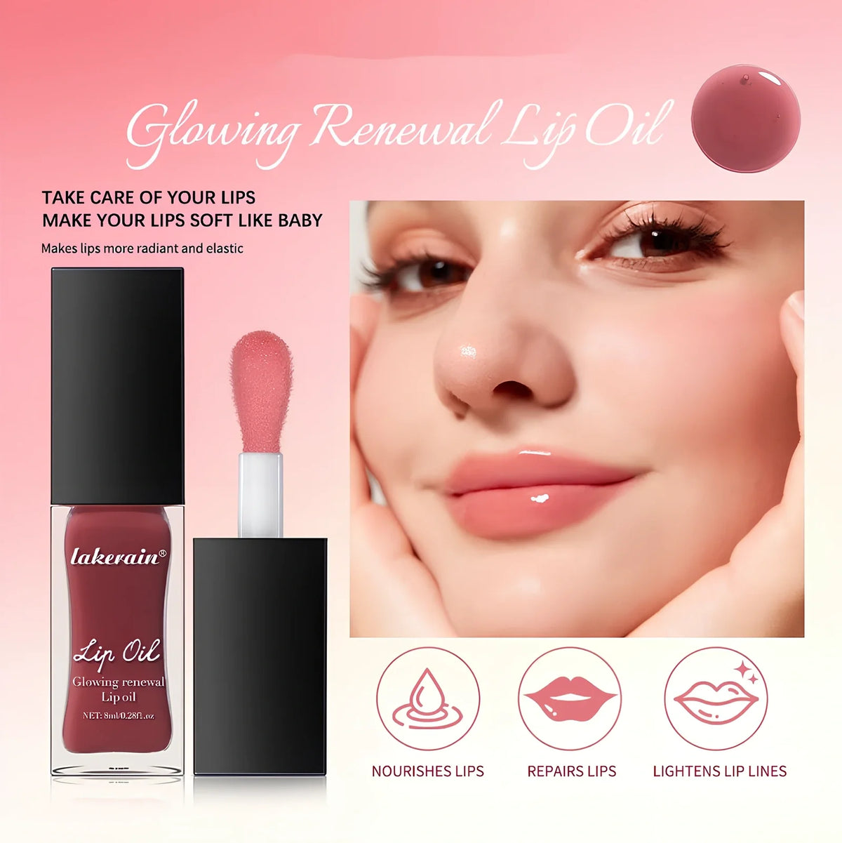 Glow Lip Gloss tube with 8ml capacity showing coral shade and applicator