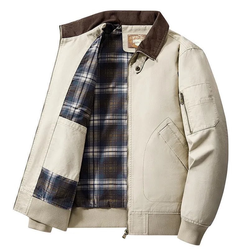 Men's plus-size washed cotton baseball flight jacket in camel, black, army green, or beige.