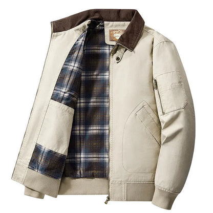 Men's plus-size washed cotton baseball flight jacket in camel, black, army green, or beige.