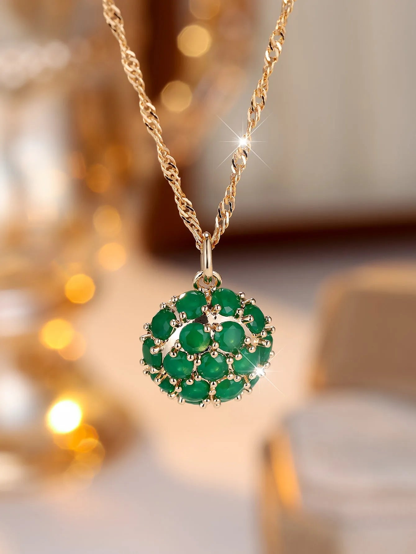 Golden green emerald diamond necklace with adjustable chain and geometry pendant