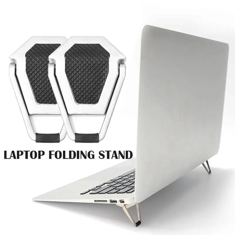 Compact foldable aluminium alloy laptop stand bracket shown with adhesive backing