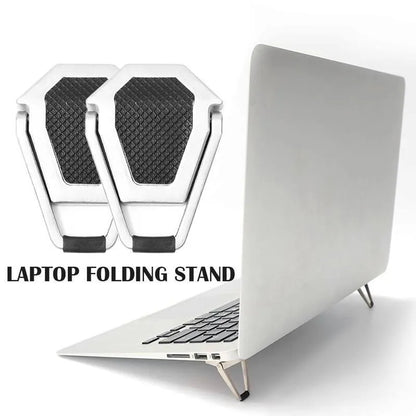 Compact foldable aluminium alloy laptop stand bracket shown with adhesive backing