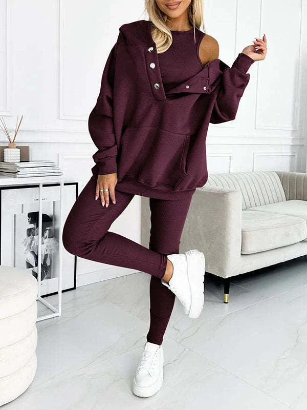 Women's 3-piece sports suit with hooded sweatshirt, vest, and slim trousers in various colours