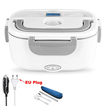 Grey dual-voltage electric lunch box with stainless steel inner tank for car and home use