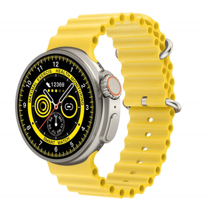 Black K9 smart watch with round screen and silicone strap on wrist