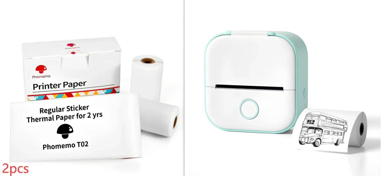 White mini pocket Bluetooth thermal label printer, 87x90x40mm size, with sample paper roll and USB charging